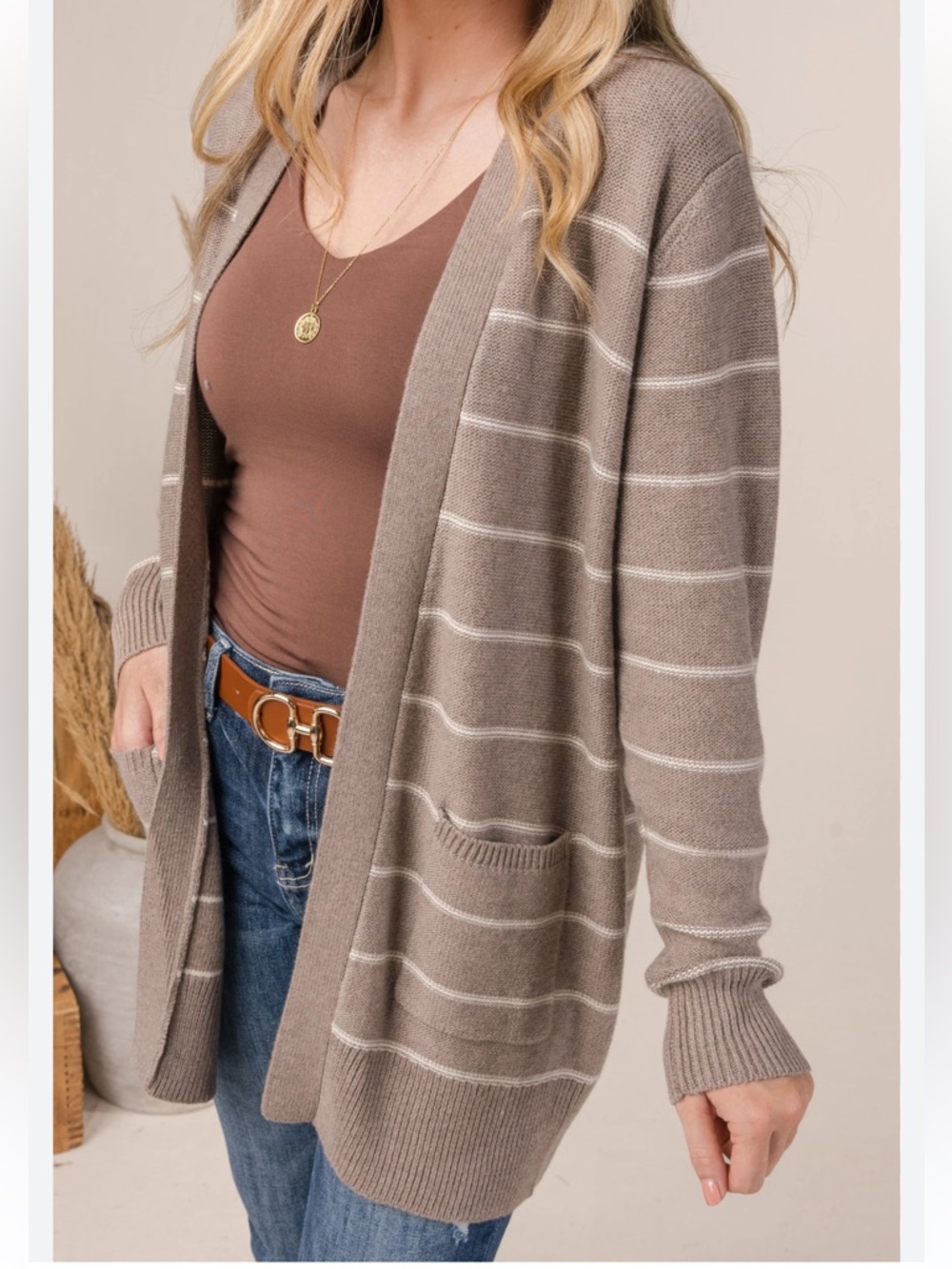 Bécool Striped Open Front Taupe Cardigan Sweater